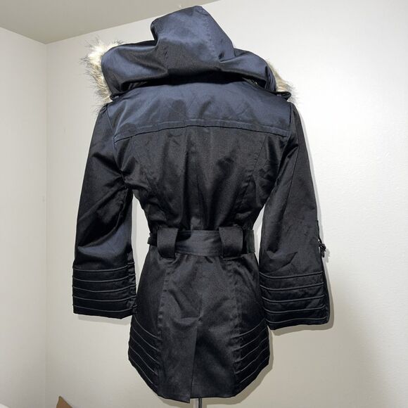 Guess Jacket Trench Coat Removable Faux Fur Trim Hood Womens M Black Gold Lined - Picture 4 of 15